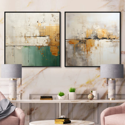 Minimalisme doré et bleu sarcelle Horizon II - ensemble de 2 collages carrés abstraits