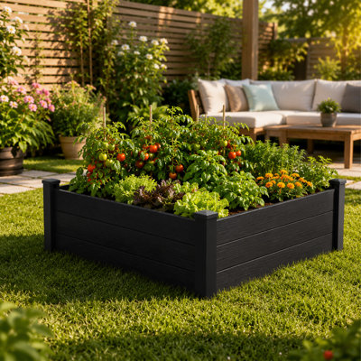 Ensemble de jardin surélevé de L 50,6 po x l 50,6 po Kozyard, pot à fleurs d'extérieur WPC avec cadre en aluminium, pot à fleurs surélevé avec drain de fond ouvert, toile de protection contre les mauvaises herbes pour fleurs, herbes