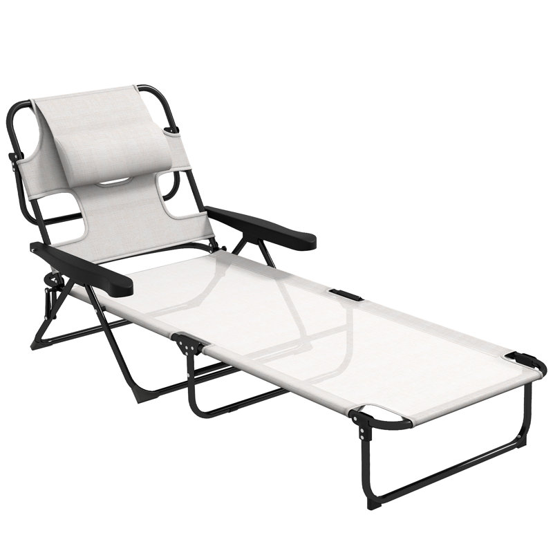Outsunny Tanning Chaise Lounge Chair, 4-Position Beach Chair With Face & Arm Holes, Pillow Headrest, Adjustable Sunbathing Chair, Cream White