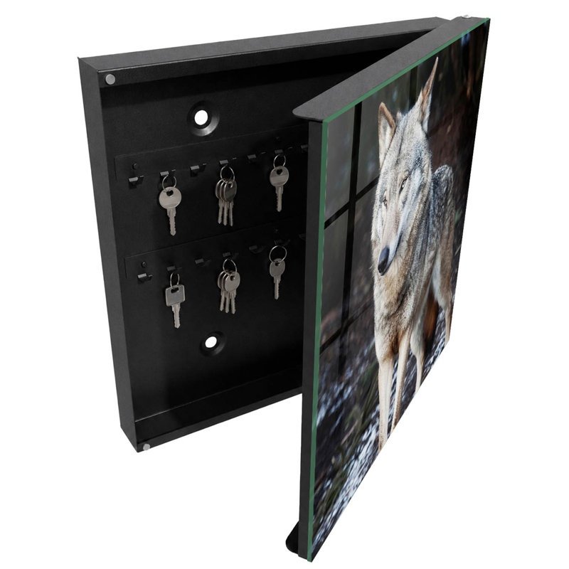 Decorative key box for wall, Opens to the right, 30x30x5, Black, A majestic wolf in a forest full of contrasts, 