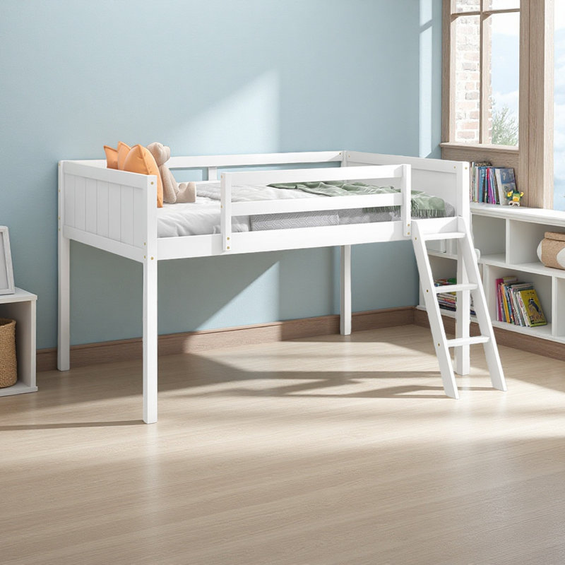Lit mezzanine bas en bois avec échelle, l'échelle peut être placée à gauche ou à droite, Blanc