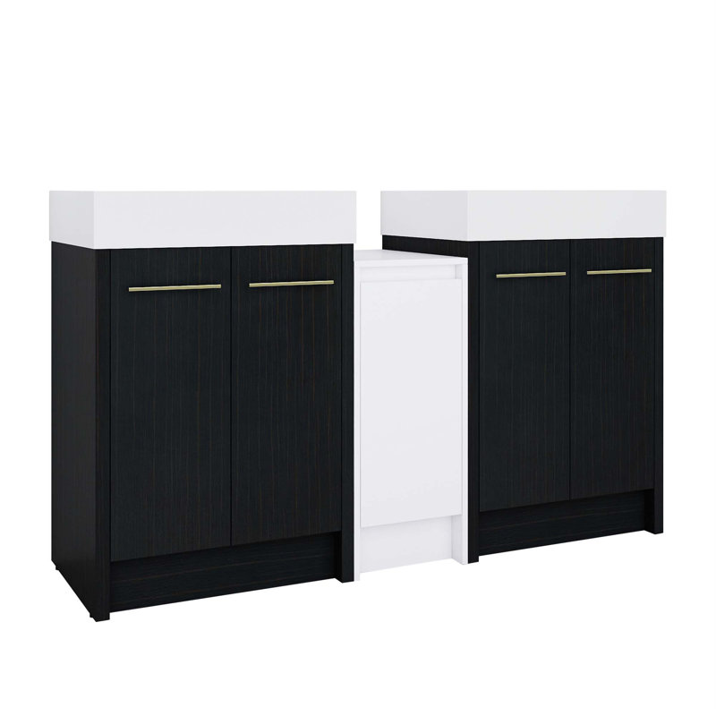 Meuble-lavabo autoportant avec lavabo en résine et armoires de rangement, avec porte à fermeture douce