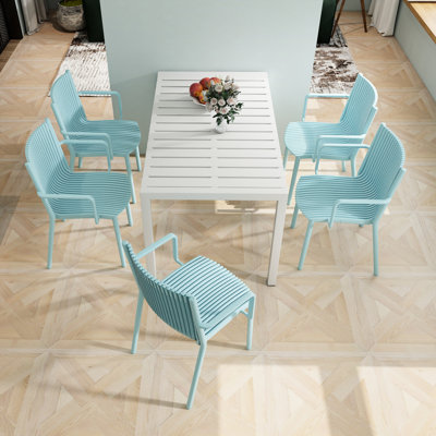 4 Piece Modern Stackable Plastic Armchairs In Blue, All-weather Pp Material, -, High Load Capacity, Assembly-, For Balcony And Garden Indoor Outdoor Spaces, 4pcs , All-weather, Ergonomic Slatted