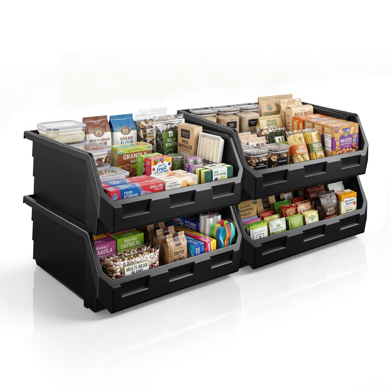 Sorbus 4 Pack Extra Large Open Front Stackable Kitchen Storage Bin – Pantry & Cabinet Organizer, Black