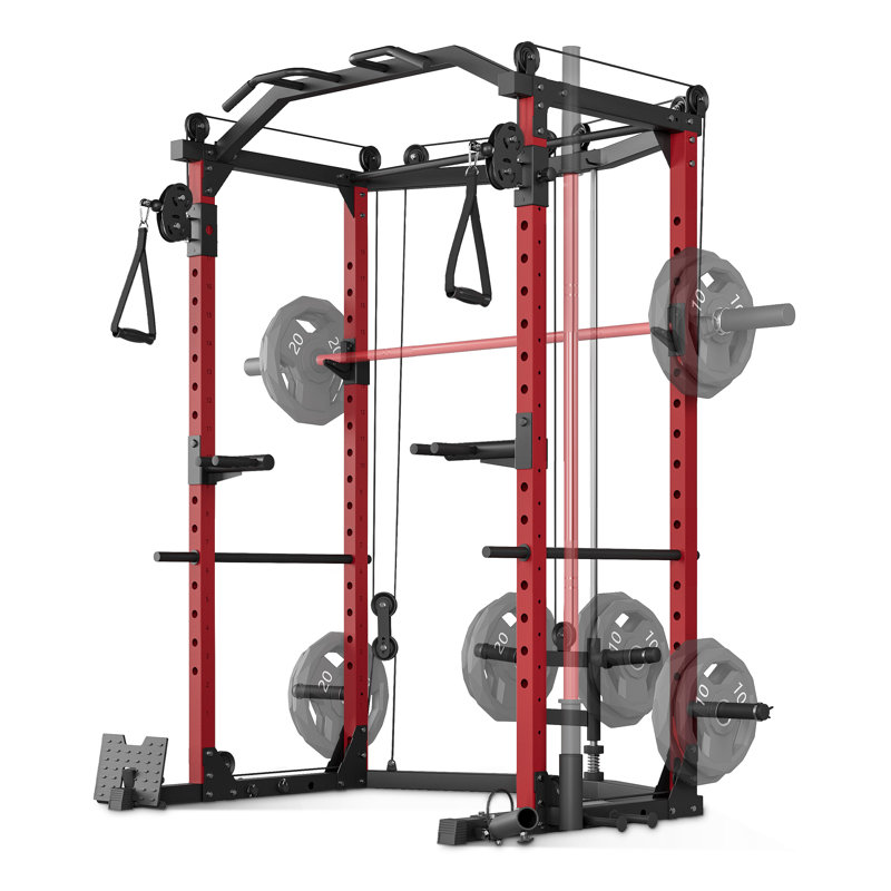 Multi-Functional Power Cage Squat Rack with Cable Crossover Pulley System, 1600 LBS Capacity 2"×2" Steel Frame, 16 Adjustable Heights & Full Attachments Home Gym Full-Body Strength Trainer