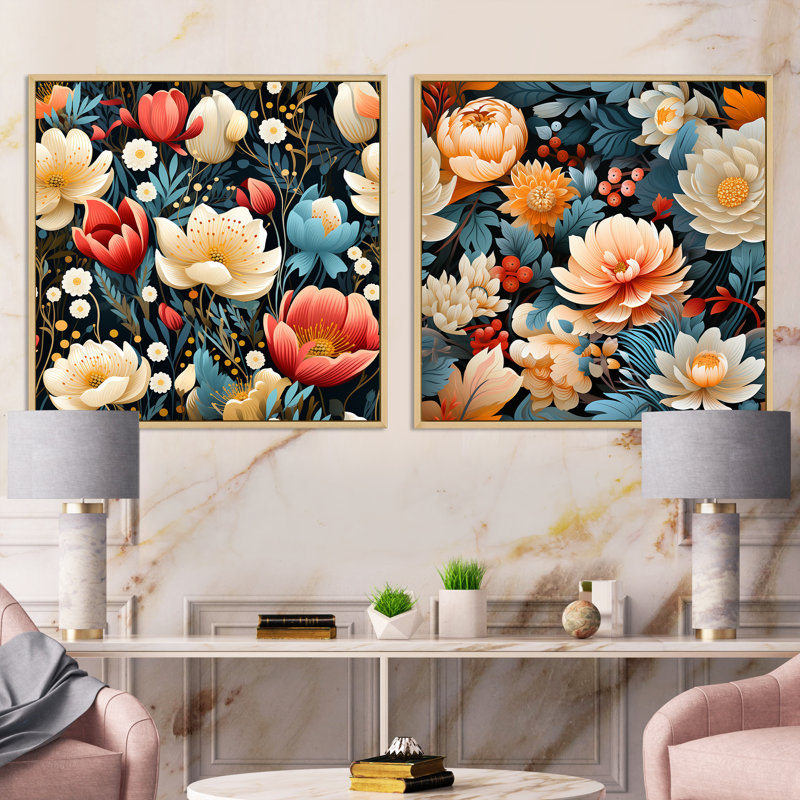Danville - Ensemble de 2 collages floraux carrés, Cadre flottant brun, H 16 po x l 33 po