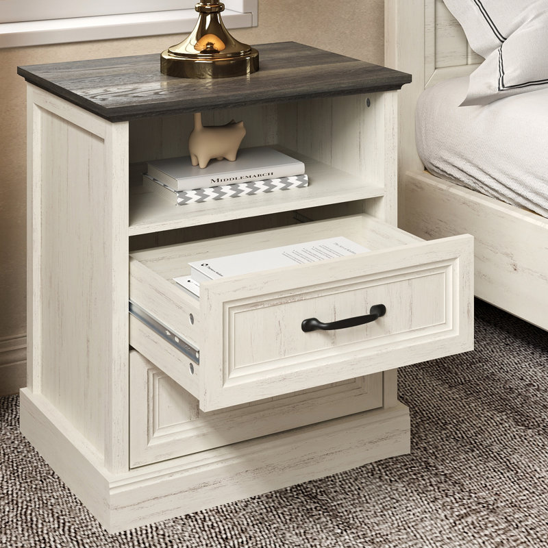 Farmhouse Nightstand With 2 Drawers, Wooden Bedside End Table Small Dresser For Bedroom, Living Room, White