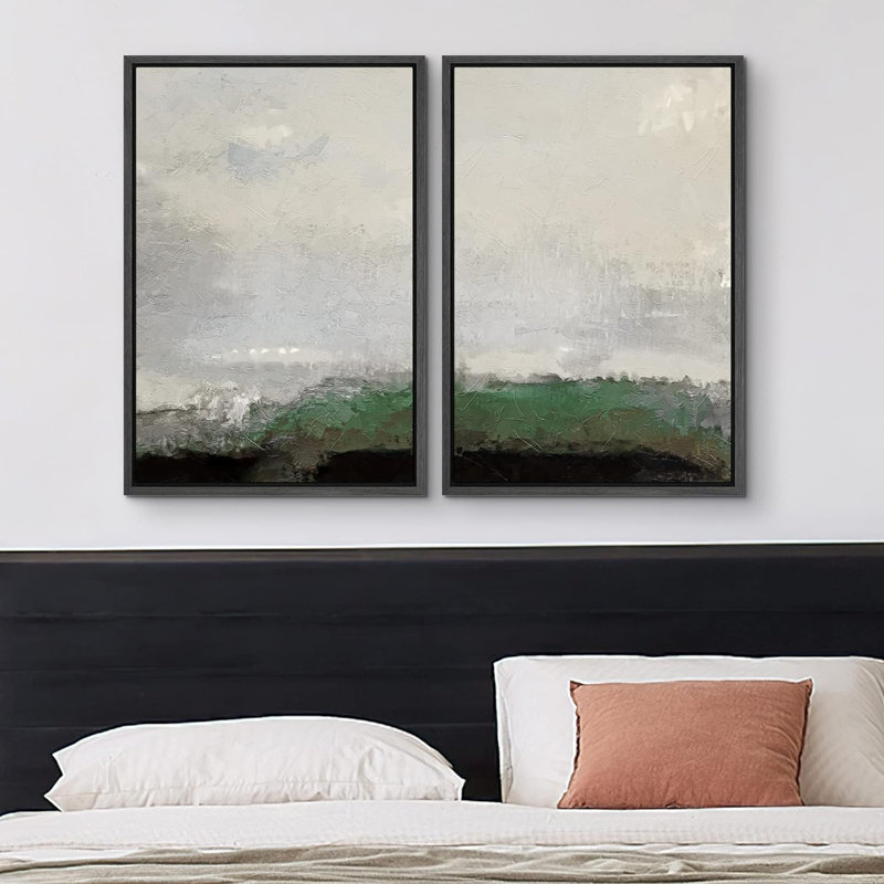 Minimal Landscape " Green Gray Landscape " 2 - Pieces, 36" H x 48" W x 1.5" D, Black