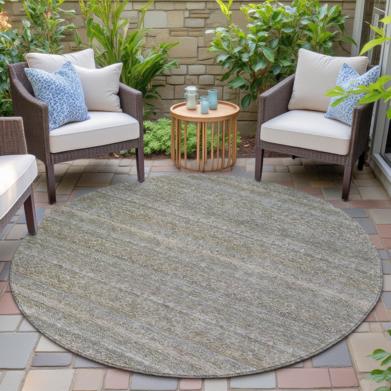 Machine Washable Indoor/Outdoor Xhevrie Khaki Rug, Round 8'
