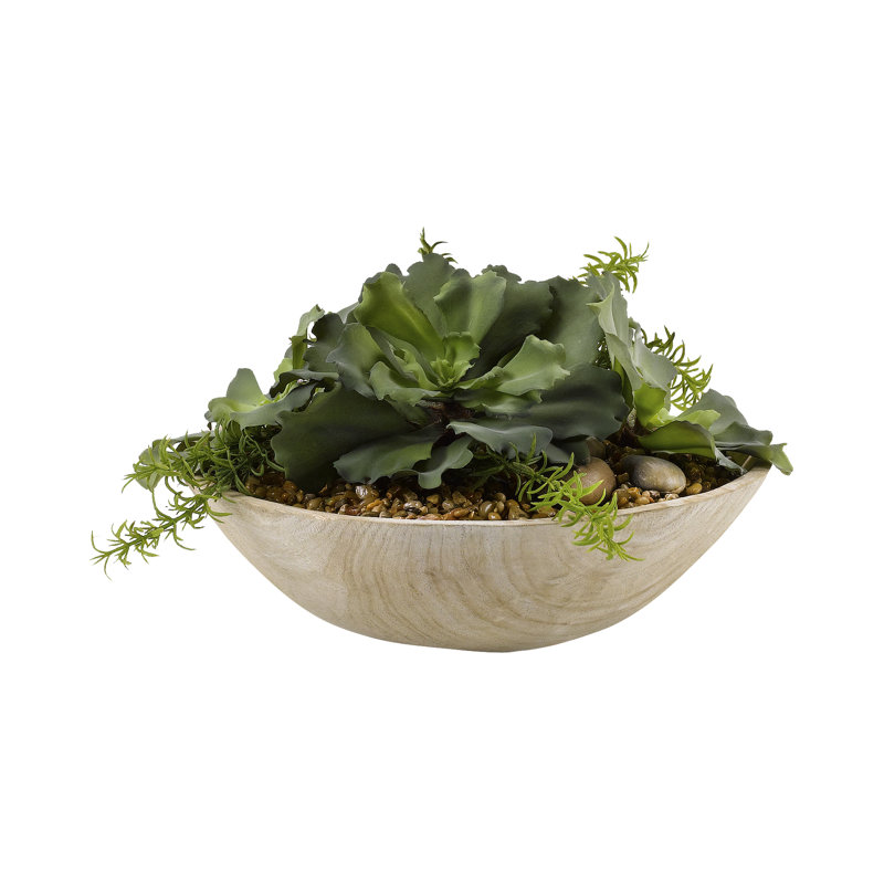 11'' Faux Succulent in Solid Wood Planter