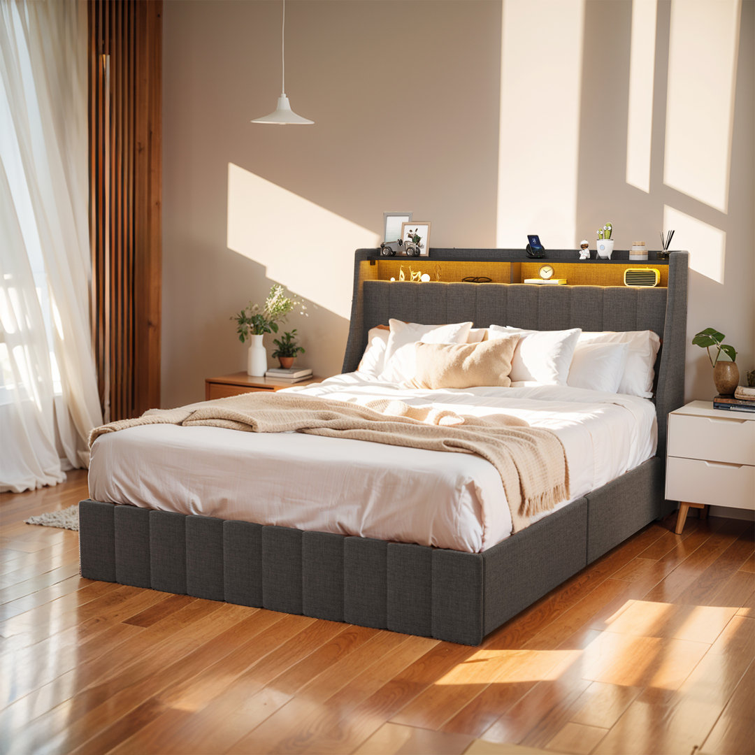 41.3'' Wings Headboard Bed with 4 Under-bed Portable Storage Drawers and LED Light Wrought Studio™ 