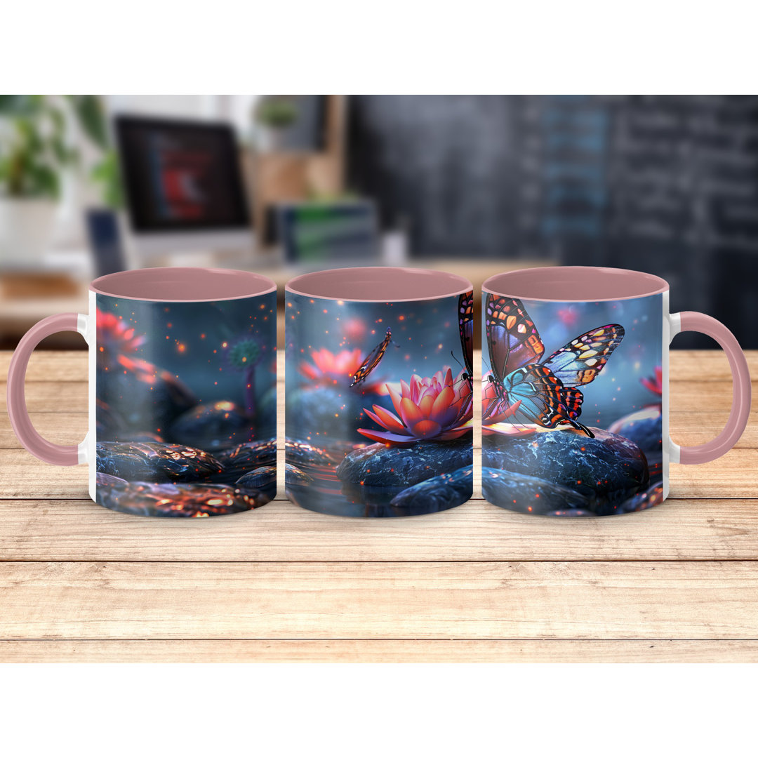 Set of 4 Butterfly Design 11oz Accent Mugs – White Ceramic Coffee Cup with a Pink Handle and Interior