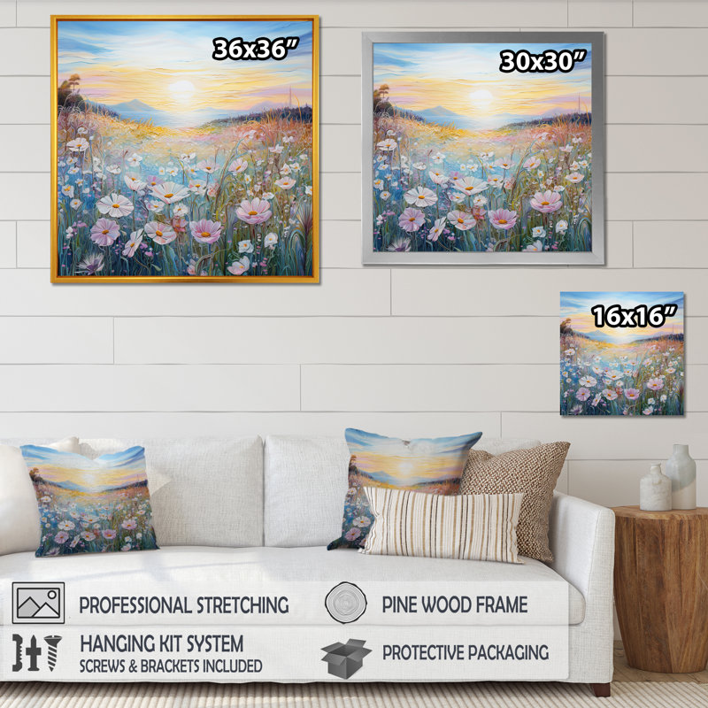 «Pink Flowers In Valley Scenery I», reproduction sur toile, Cadre flottant noir, H 24 po x l 24 po x P 1 po