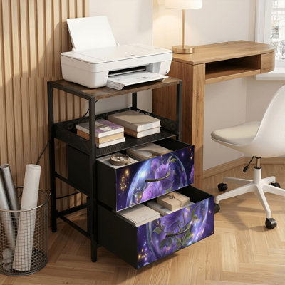 Table de chevet 2 tiroirs avec station de charge, table de chevet pour chambre à coucher avec ports USB, tablette ouverte noire, table de chevet avec imprimé de roses mauves