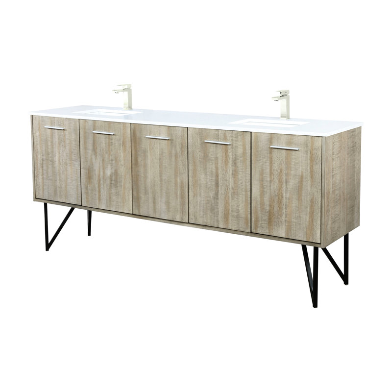 Meuble-lavabo double rustique 80 po Large avec comptoir en quartz, robinet inclus, fermeture en douceur et baignoire sur comptoir x P 20 po, rangement en nickel brossé blanc