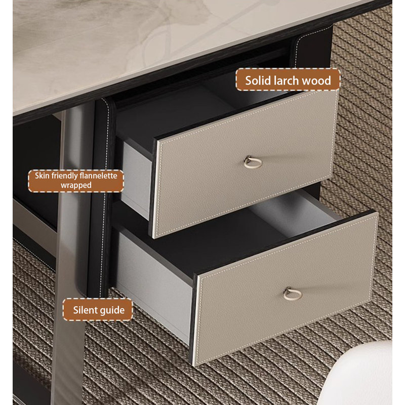 Bureau à plateau en quartz avec pieds en acier inoxydable et 3 tiroirs, H 29,5 po x l 70,9 po x P 27,6 po