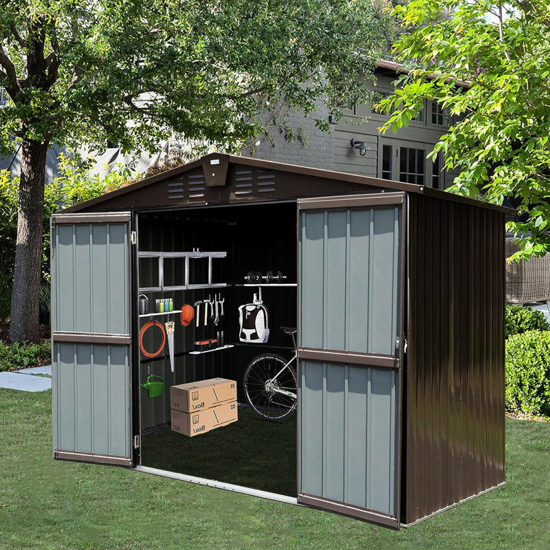 Remise de rangement extérieure brune 10 pi x 8 pi en métal avec double porte verrouillable à ventilation efficace, imperméable et imperméable