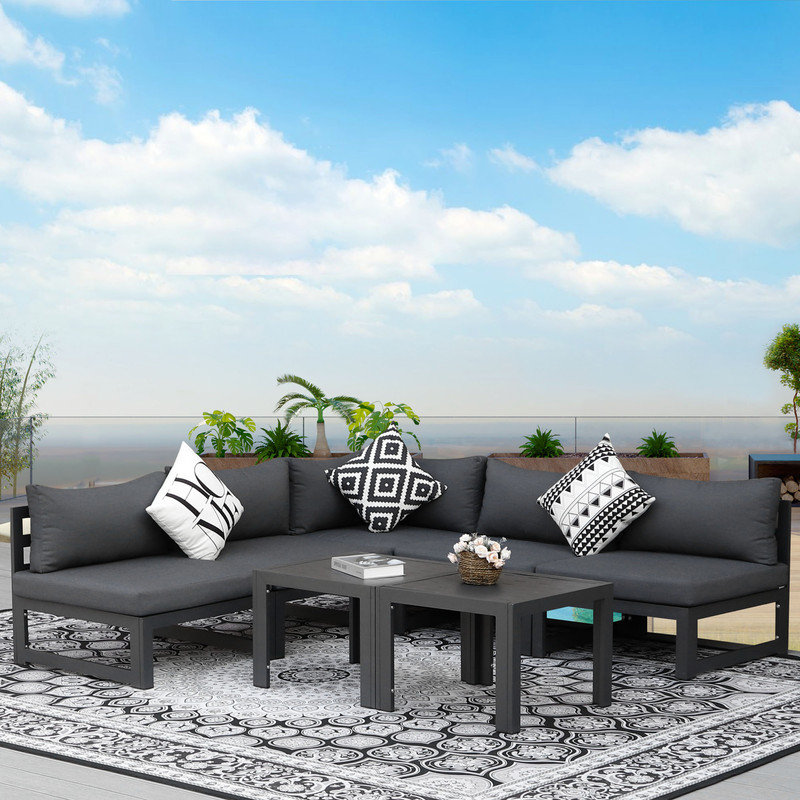 Gillermo 7 - Piece Outdoor Patio Aluminum Conversation Soa Set with Cushions and Tables