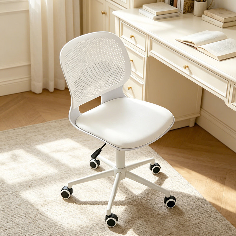 Chaise de bureau ergonomique pivotante sans accoudoirs, à dossier mi-haut réglable en hauteur et dotée d'un dossier respirant, blanche.