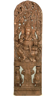 South Indian Temple Wood Ganesha Carving, 48 in. Wall Panel     Lalitasana Pose with Attendants for Living Room & Meditation Space