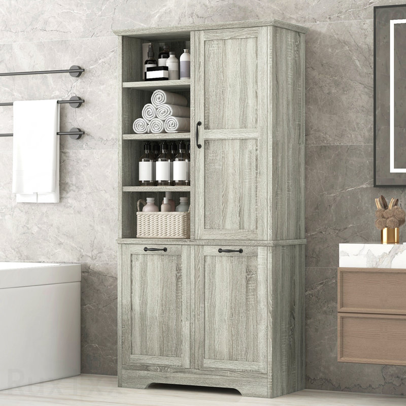 Armoire de rangement de salle de bain avec portes et tiroirs, panier à linge inclinable, plusieurs espaces de rangement, style autoportant, tablette ouverte, tablette réglable, chêne (ancien numéro de référence: N725p208543l)
