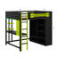 Lit mezzanine de jeu double avec bureau et garde-robe ouvert, structure en bois avec zones de rangement et éclairage intégré-207929671