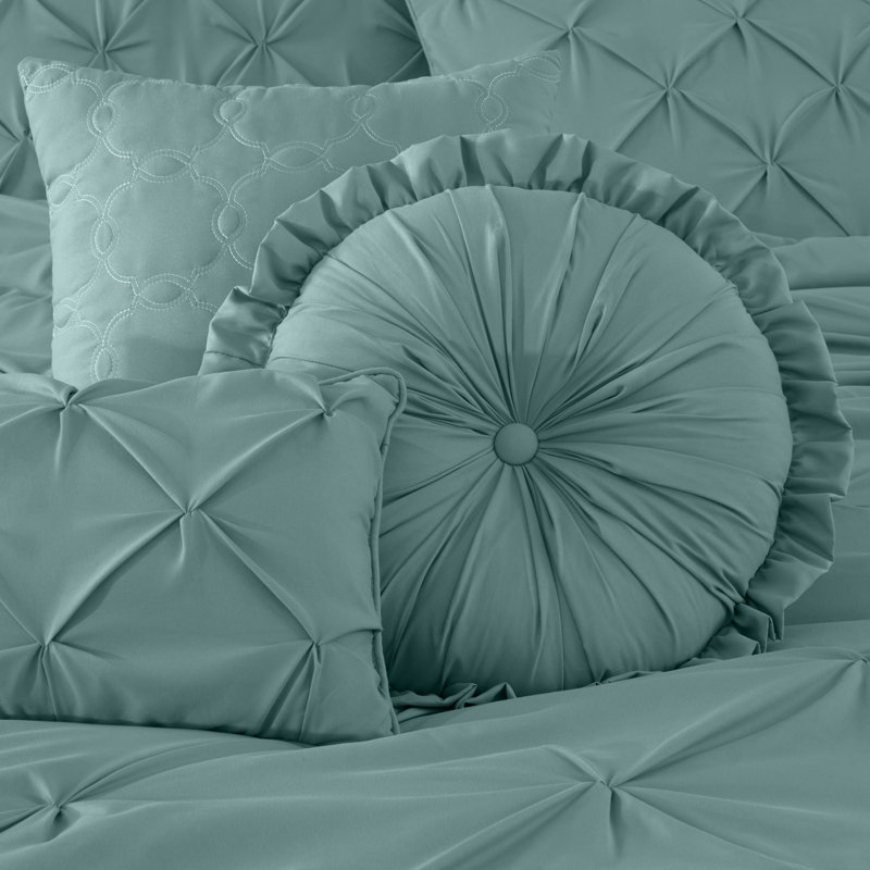 Sydney Pintuck Microfiber 7 Piece Comforter Set, Queen Comforter + 6 Additional Pieces, Spa Blue