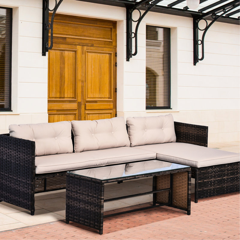 Extérieur 3 pièces - Mobilier de patio avec méridienne, coussins de siège moelleux, table en verre trempé, pièce basse beige