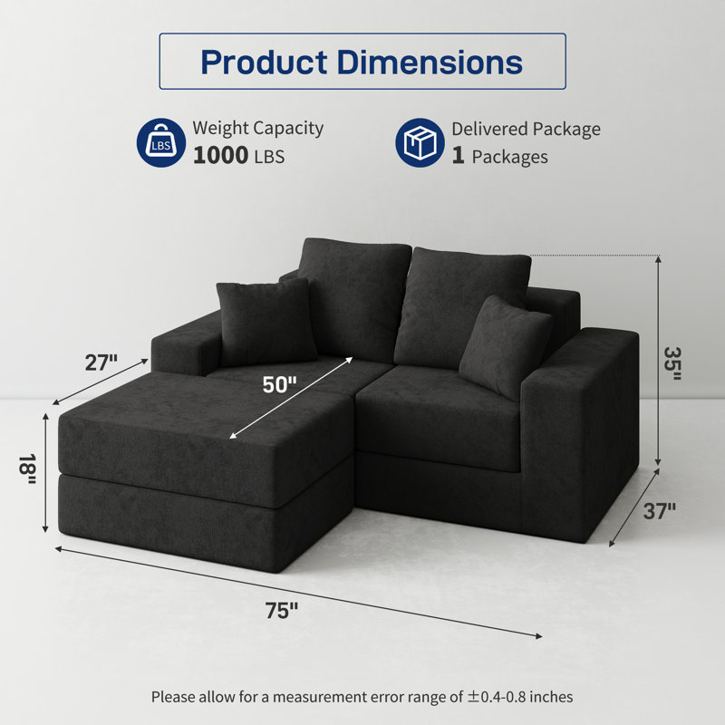 Canapé modulaire escamotable 75 po en velours avec repose-pieds, Velours noir