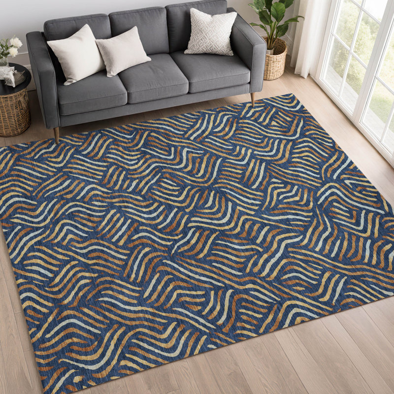 Tapis abstrait lavable à la machine intérieur / extérieur ACN2474, Marine, 3 pi x 5 pi