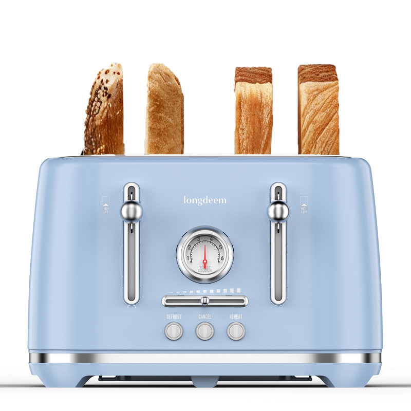 Grille-pain 4 tranches Longdeem: fentes extra-larges, 6 réglages, bleu pastel chic