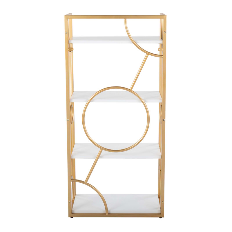 White Wood and Gold Metal Geometric 4-Tier Bookcase