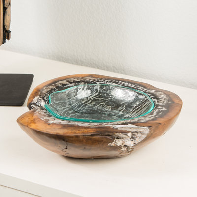 Round Teak Bowl with Glass Liner - Burnt Finish    12 x 12 x 8"H