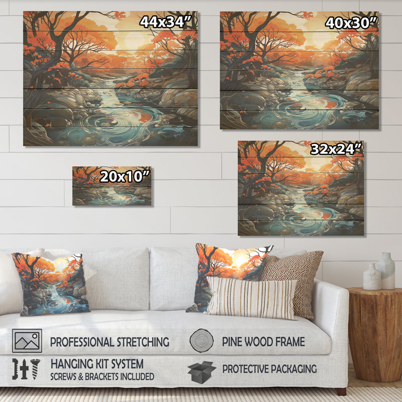 Orange et rivière bleue Serene Journey II - rivière sur bois, H 10 po x l 20 po x P 0,78 po