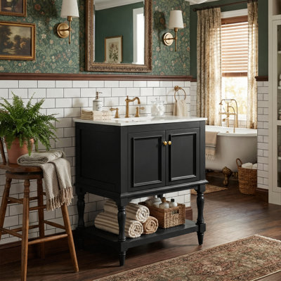 Armoire de luxe compacte avec 1 porte et rangement ouvert, design rétro d'inspiration rétro 24 po avec évier 24 po