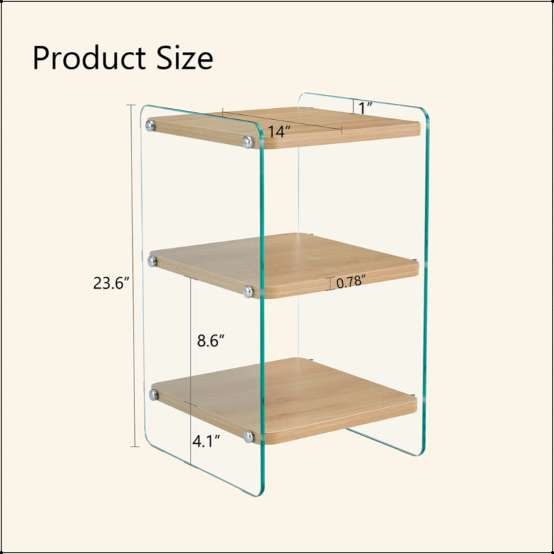 Trois niveaux de tables de chevet. La surface du panneau est en panneau de fibres à densité moyenne, avec des autocollants en grain, et les deux côtés sont en verre trempé transparent. La conception est simple et généreuse, avec fonction de rangement