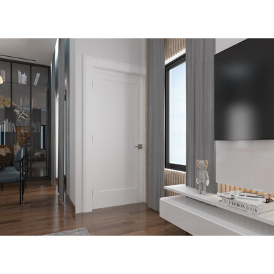 Porte intérieure simple pré-suspendue en composite blanc avec cadre à droite avec charnières noires mates à droite