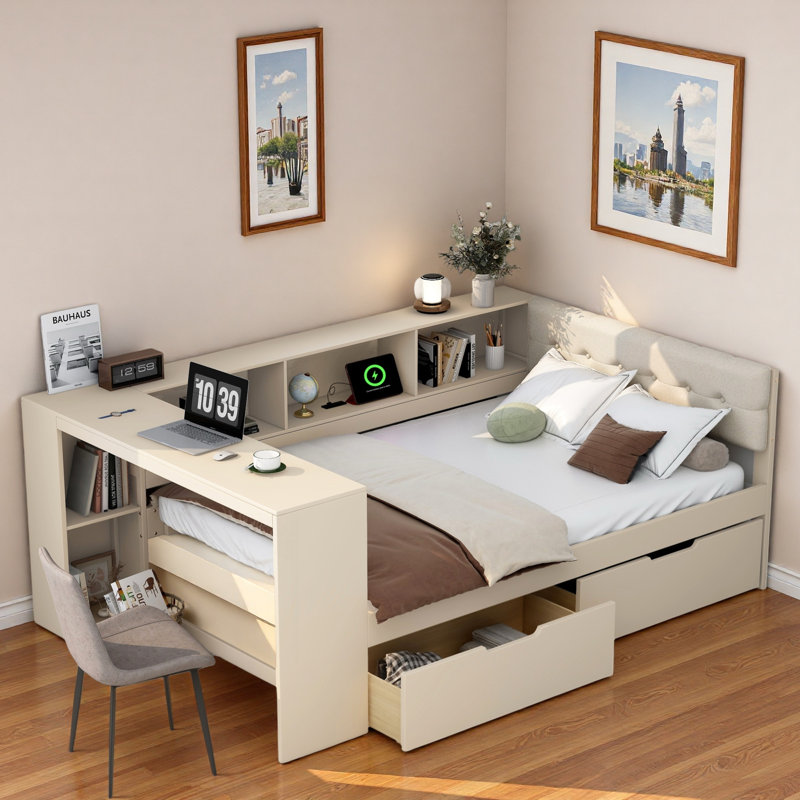 Lit plateforme avec tablettes de rangement, tiroirs, station de charge, bureau et tête de lit tapissier, Double, Crème, crème