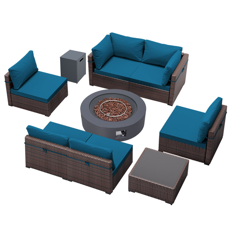 Ensemble de conversation 9 pièces pour terrasse en rotin avec foyer extérieur de 42 pouces et coussin de siège confortable
