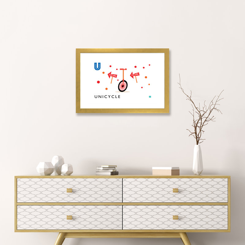 «U Is for Monicycle» - Impression, Blanc, H 16 po x l 24 po x P 1 po, Papier encadré doré