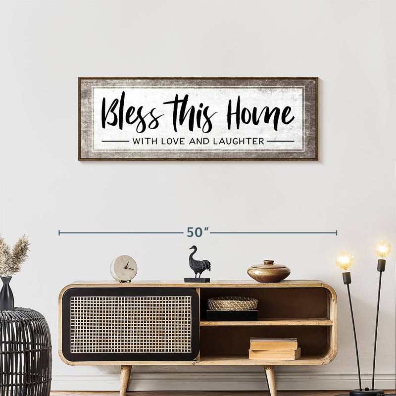 Plaque murale «Bless This Home», 43 po x 15 po, Cadre flottant noyer