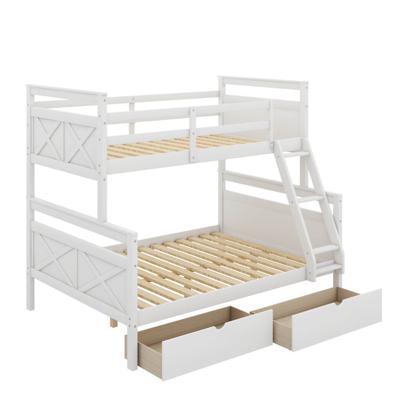 Lit superposé simple au dessus d'un lit double fonctionnel avec échelle, deux tiroirs de rangement, Blanc