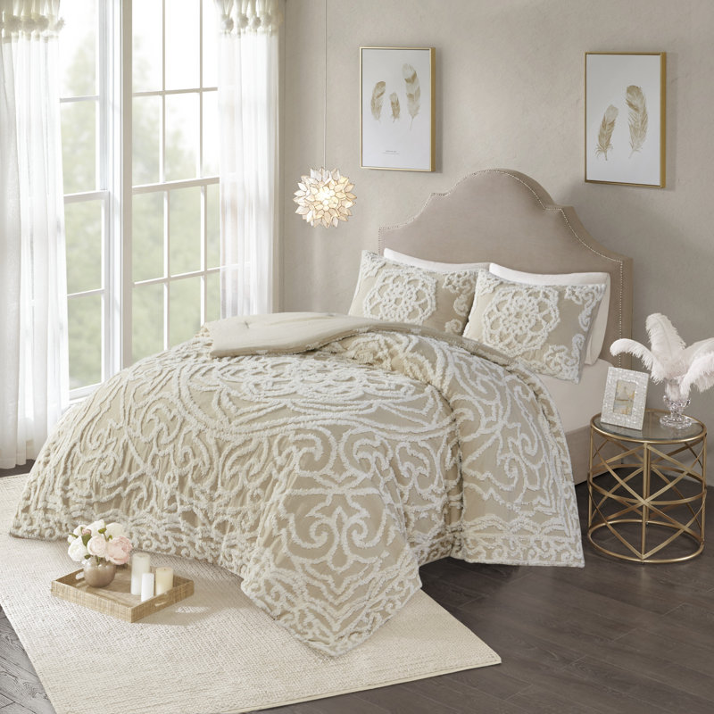 Laetitia Tufted Cotton Chenille Medallion Comforter Set, Off White, Full/Queen Comforter + 2 Standard Shams