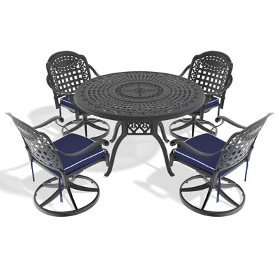 5 ensembles de salle à manger de patio en aluminium, 4 chaises rotatives et une table de 47,24 po, noir, résistant aux intempéries, fonte de soutien, haute température, coussins confortables
