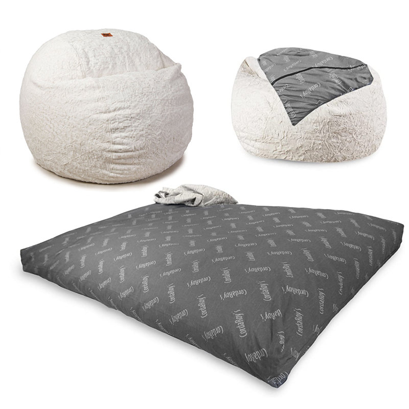 CordaRoy's Faux Fur Convertible Bean Bag Chair, Large (King), White Faux Fur