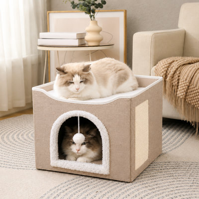 Foldable Cube Cat House with Sisal Scratching Pad & Hanging Play Ball, Dual Level Indoor Cat Cave Bed with Washable Lamb Wool Cushion, Holds Up To 30 Lbs, Multiple Sizes & Colours Optional