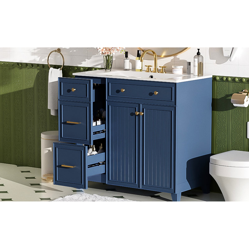 Meuble-lavabo de 36 po avec pied en bois massif, lavabo facile à nettoyer et tiroir à double couche avec tiroir à débordement, portes à fermeture en douceur