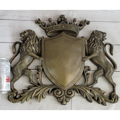 Grove Hill Coat Of Arms Family Crest Lions Crown Bronze Wall Mounted Hanging Sculpture 13 Inches X 16 Inches