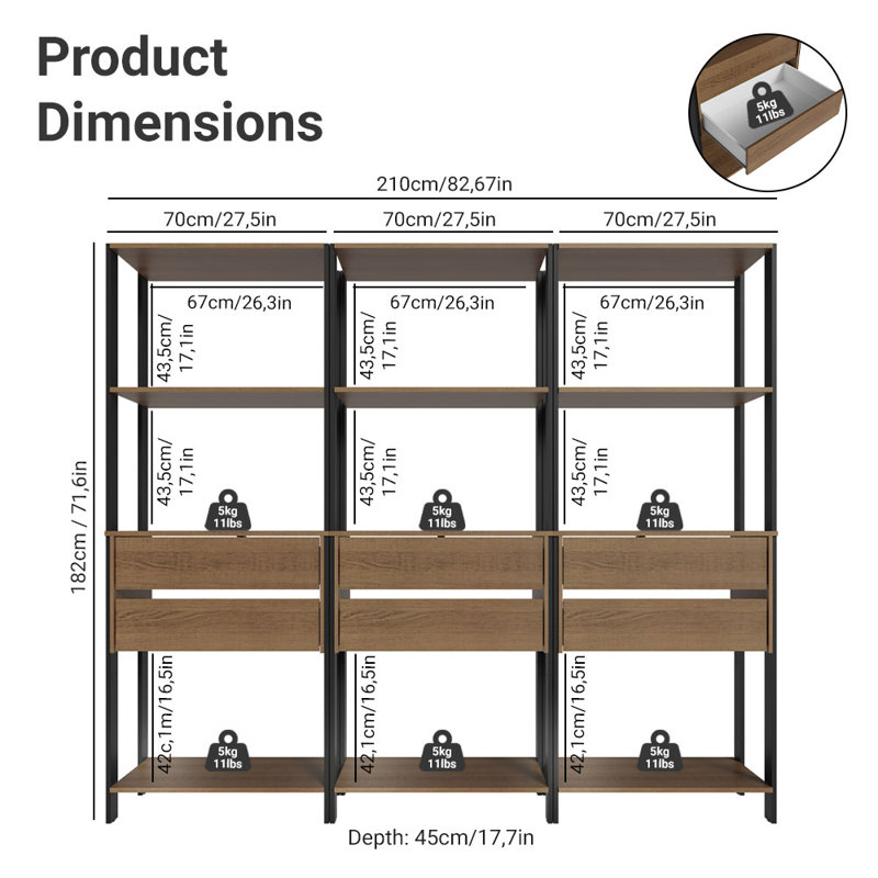  Étagère de rangement pour garde-manger avec 6 tiroirs et tablettes ouvertes L 82 po, Noir / brun