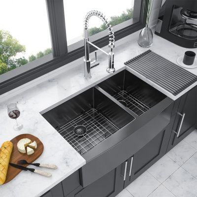 Gunmetal Black Double Bowl (60/40) Farmhouse Sink- 36"X21"X10"Stainless Steel Apron Front Kitchen Sink 16 Gauge With Two 10" Deep Basin